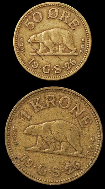 修遠堂世界钱币第九十五期 - 1926年格陵兰50欧尔，1克朗各一枚