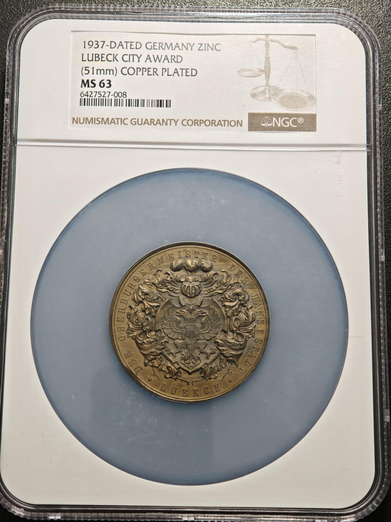 【德藏】世界币章拍卖第155期（拍品征集中~欢迎藏友联系） 1937年 德国吕贝克城市奖章51mm纪念镀铜大锌章 NGC MS63 少见锌制版 浮雕感极强 细节极其丰富