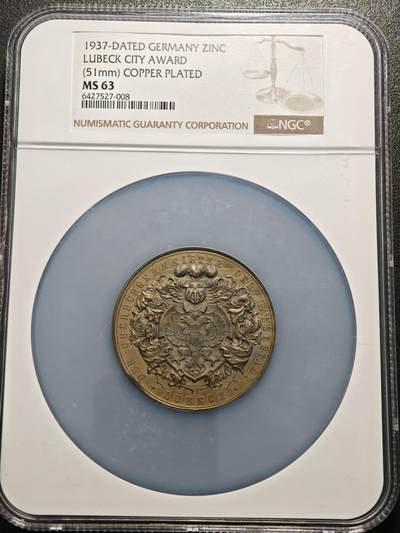 【德藏】世界币章拍卖第155期（拍品征集中~欢迎藏友联系） - 1937年 德国吕贝克城市奖章51mm纪念镀铜大锌章 NGC MS63 少见锌制版 浮雕感极强 细节极其丰富