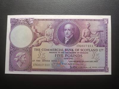2025十一月第七期，总205期 - 苏格兰国家商业银行1955年5镑AUNC，银行创始人和银行19世纪的图景，稀有早期紫色版本