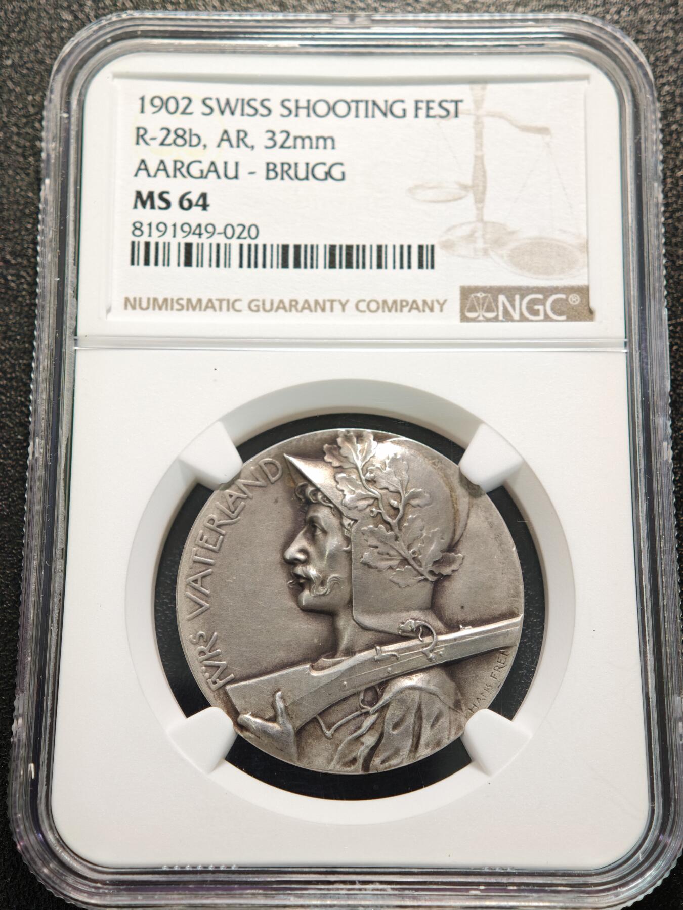 【德藏】世界币章拍卖第155期（拍品征集中~欢迎藏友联系） 1902年 瑞士布鲁格射击节纪念银章 NGC MS64 磨砂质感 状态极佳