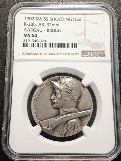 【德藏】世界币章拍卖第155期（拍品征集中~欢迎藏友联系） - 1902年 瑞士布鲁格射击节纪念银章 NGC MS64 磨砂质感 状态极佳