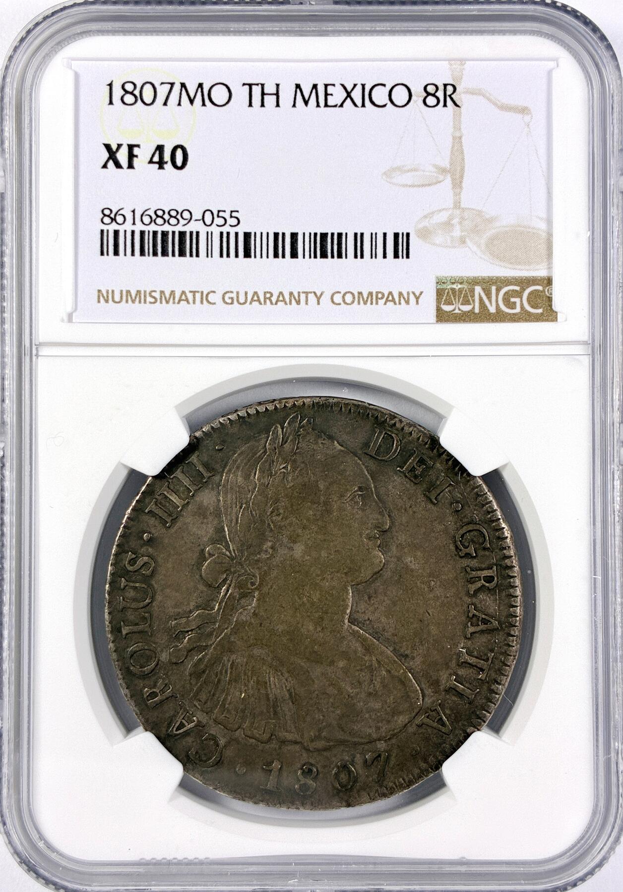 【雨安】【直播拍卖】【世界币章117期-评级币】2025-11-29 周六 19:30 保真 [评级美洲] Spanish Mexico 西属墨西哥 8里亚尔 卡洛斯四世 双柱 1807年  NGC-XF40