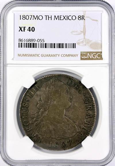 【雨安】【直播拍卖】【世界币章117期-评级币】2025-11-29 周六 19:30 保真 - [评级美洲] Spanish Mexico 西属墨西哥 8里亚尔 卡洛斯四世 双柱 1807年  NGC-XF40