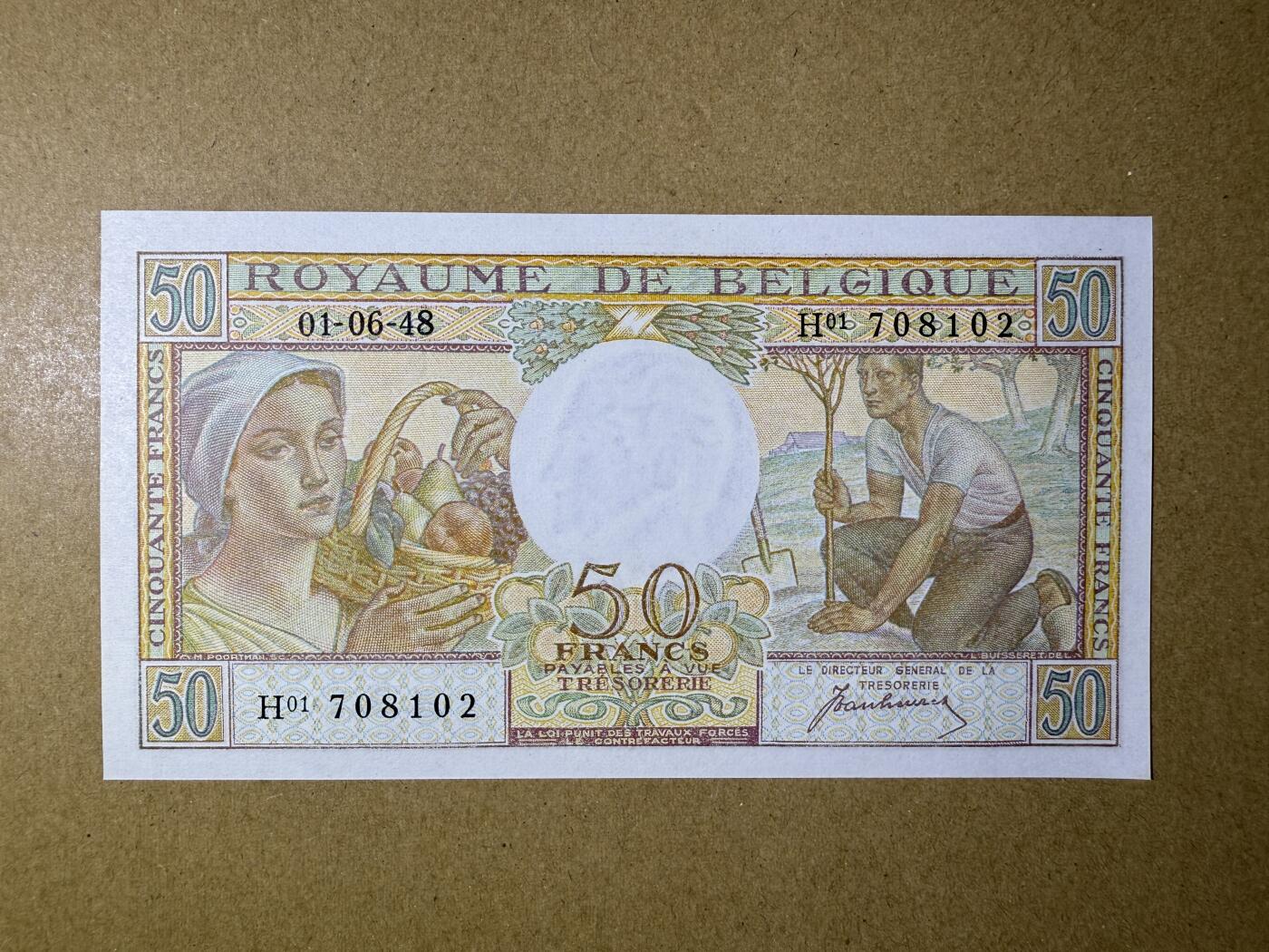 《艾美收藏》第222期-11.30周日外币畅拍 比利时50法郎 UNC 1948年a版 无4