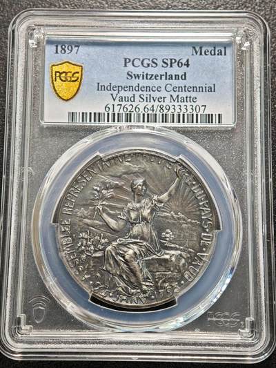 【德藏】世界币章拍卖第155期（拍品征集中~欢迎藏友联系） - 1897年 瑞士沃州独立百年纪念银章 PCGS SP64 五彩包浆 绚丽多彩 极具吸引力 亚军分 仅2枚更高