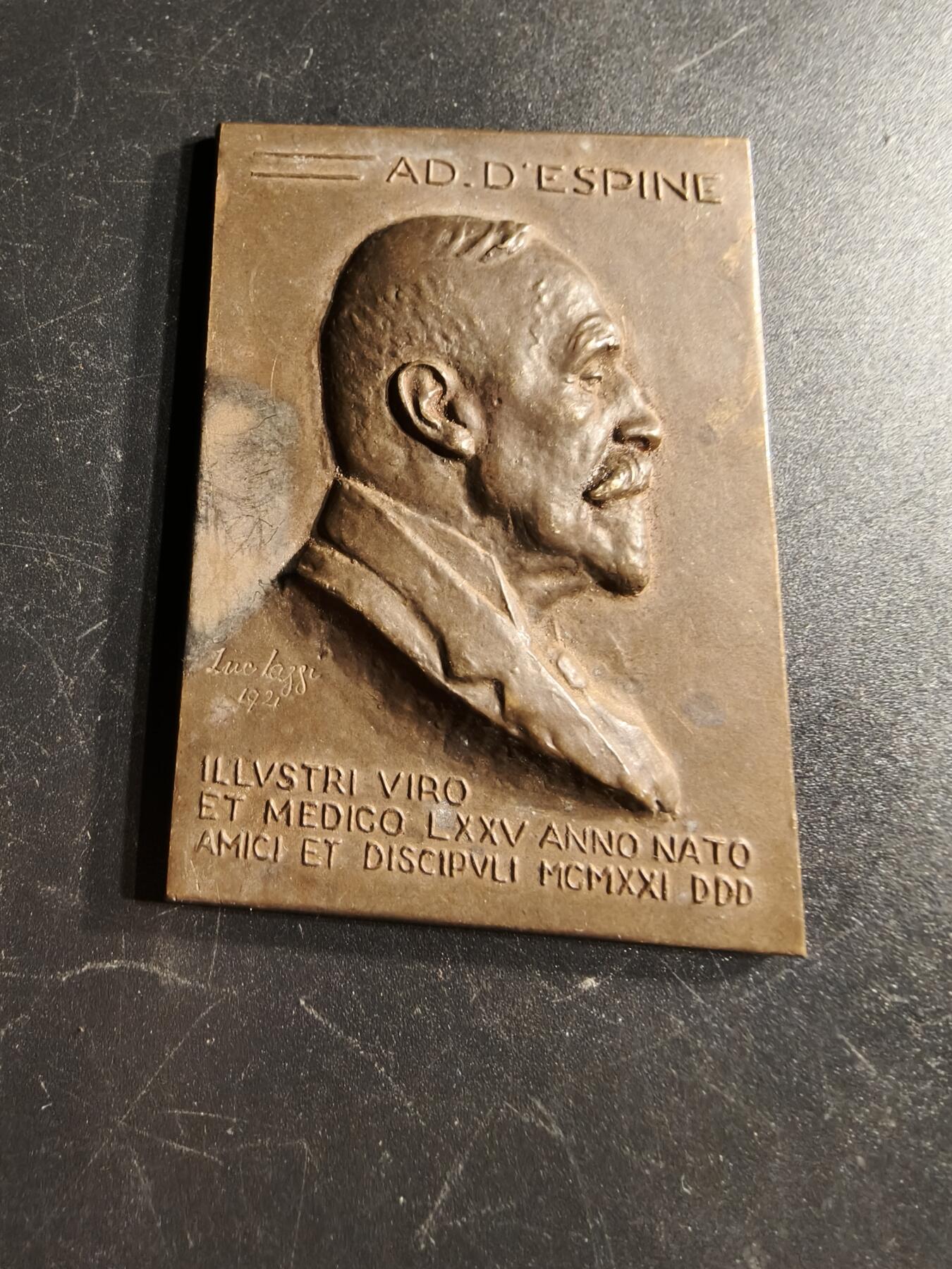 老王徽章第166期 瑞士阿道夫·德斯皮纳医生方形大铜章     高浮雕    尺寸60×42mm.    重量74.9g