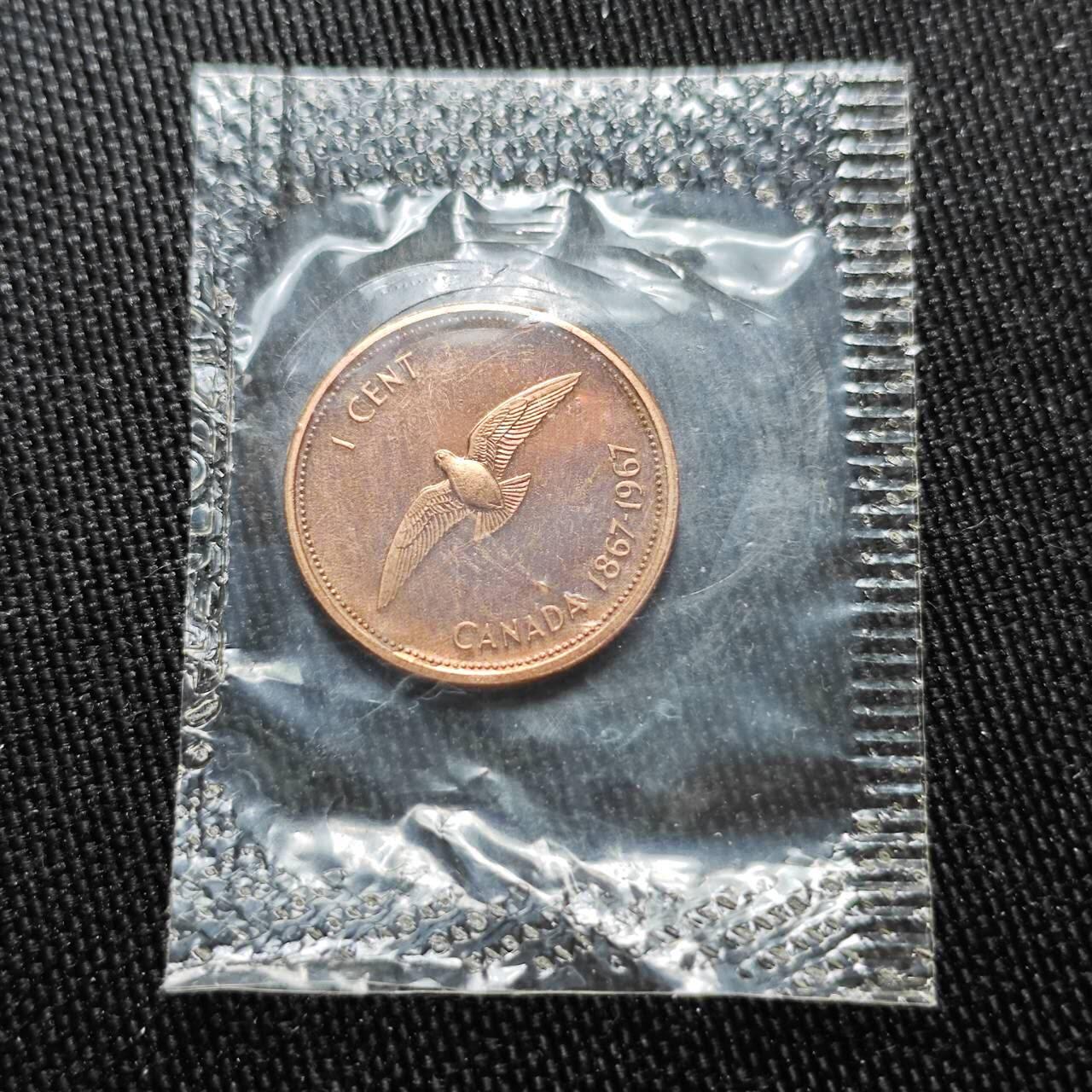 KK钱币收藏小铺 （套币 好品/批量散币 银币）专场  2月预留时间 周末发货  1967加拿大建国200周年 一分精制纪念币 塑封