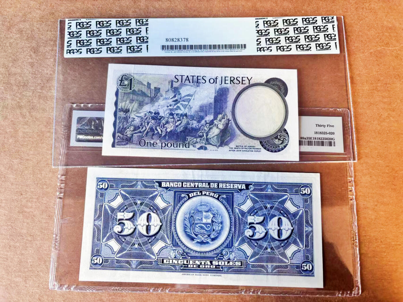 【Blue Auction】世界纸币精拍第756期——18级TOP拍卖/信誉/品质/专业/高效💫 【一组2张】秘鲁 1965年50索尔PMG35EPQ&泽西 1976-83年1镑 高冠女王 无47 PCGS65EPQ