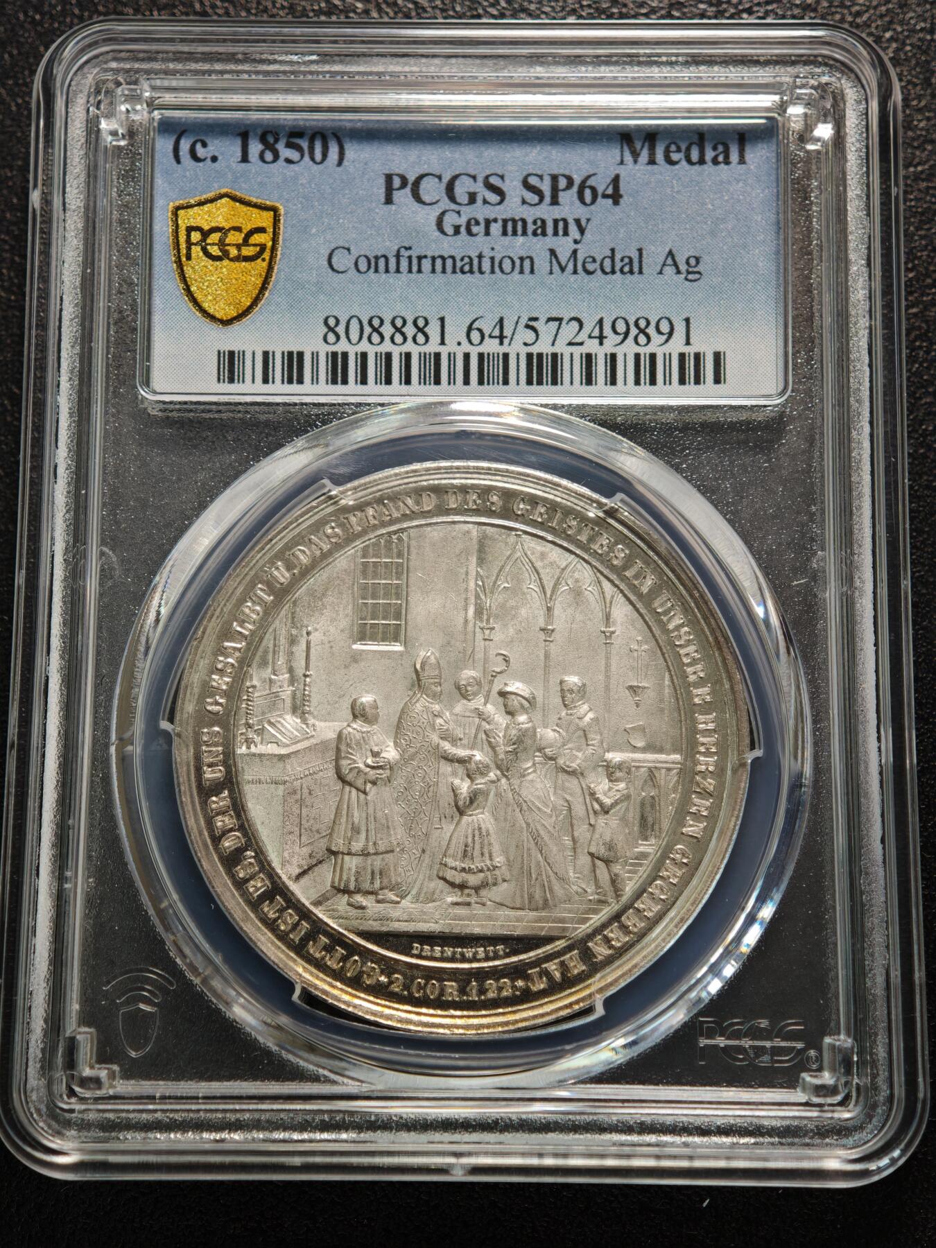 【德藏】世界币章拍卖第155期（拍品征集中~欢迎藏友联系） 1850年 德国宗教洗礼纪念银章 PCGS SP64 镜面感十足 细节极其丰富 唯一季军分 仅2枚更高