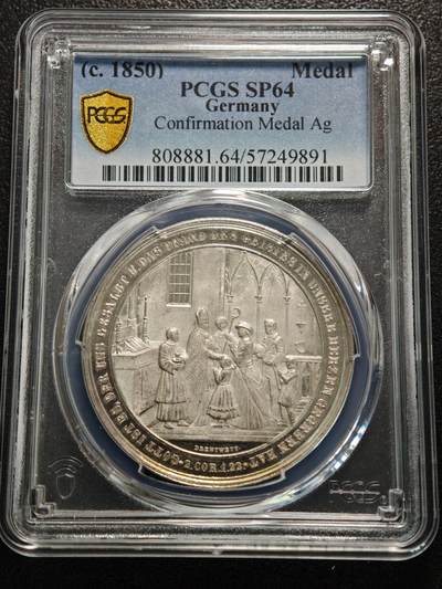 【德藏】世界币章拍卖第155期（拍品征集中~欢迎藏友联系） - 1850年 德国宗教洗礼纪念银章 PCGS SP64 镜面感十足 细节极其丰富 唯一季军分 仅2枚更高