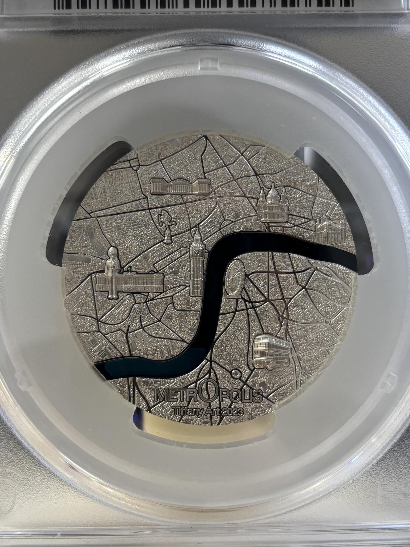 第183期拍卖 帕劳2023年城市蒂凡尼伦敦镶嵌玻璃3盎司银币PCGS-PR70首无盒无证书，999银，发行999枚