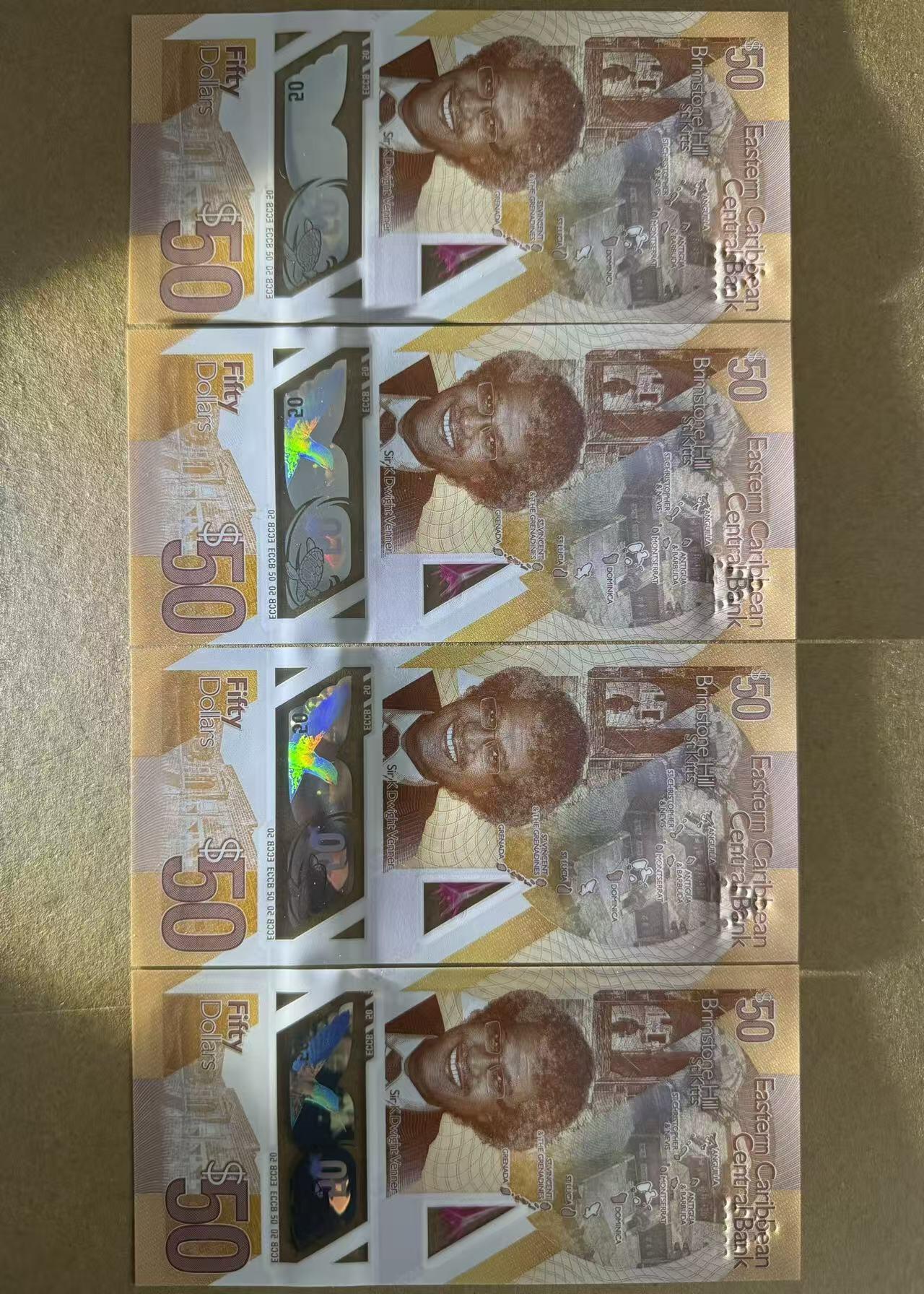 【Blue Auction】世界纸币精拍第756期——18级TOP拍卖/信誉/品质/专业/高效💫 【一组4张豹子号】东加勒比 50元 塑料钞 女王 全新UNC