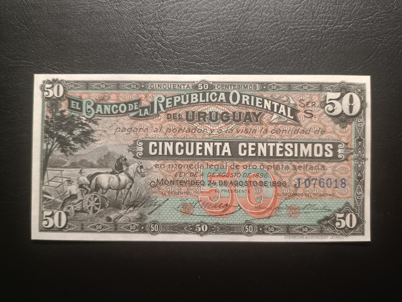 2025十一月第七期，总205期 乌拉圭共和国东方银行1896年50分UNC，19世纪中后期地方银行品种，双马套车和国徽，稀有品种