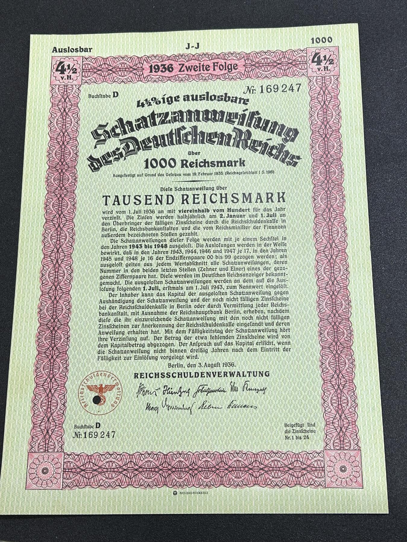 西秦中古拍卖第六十七期 德三 1000帝国马克国库券 有水印