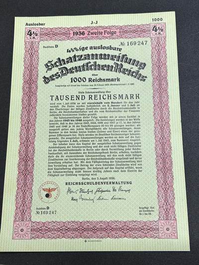 西秦中古拍卖第六十七期 - 德三 1000帝国马克国库券 有水印