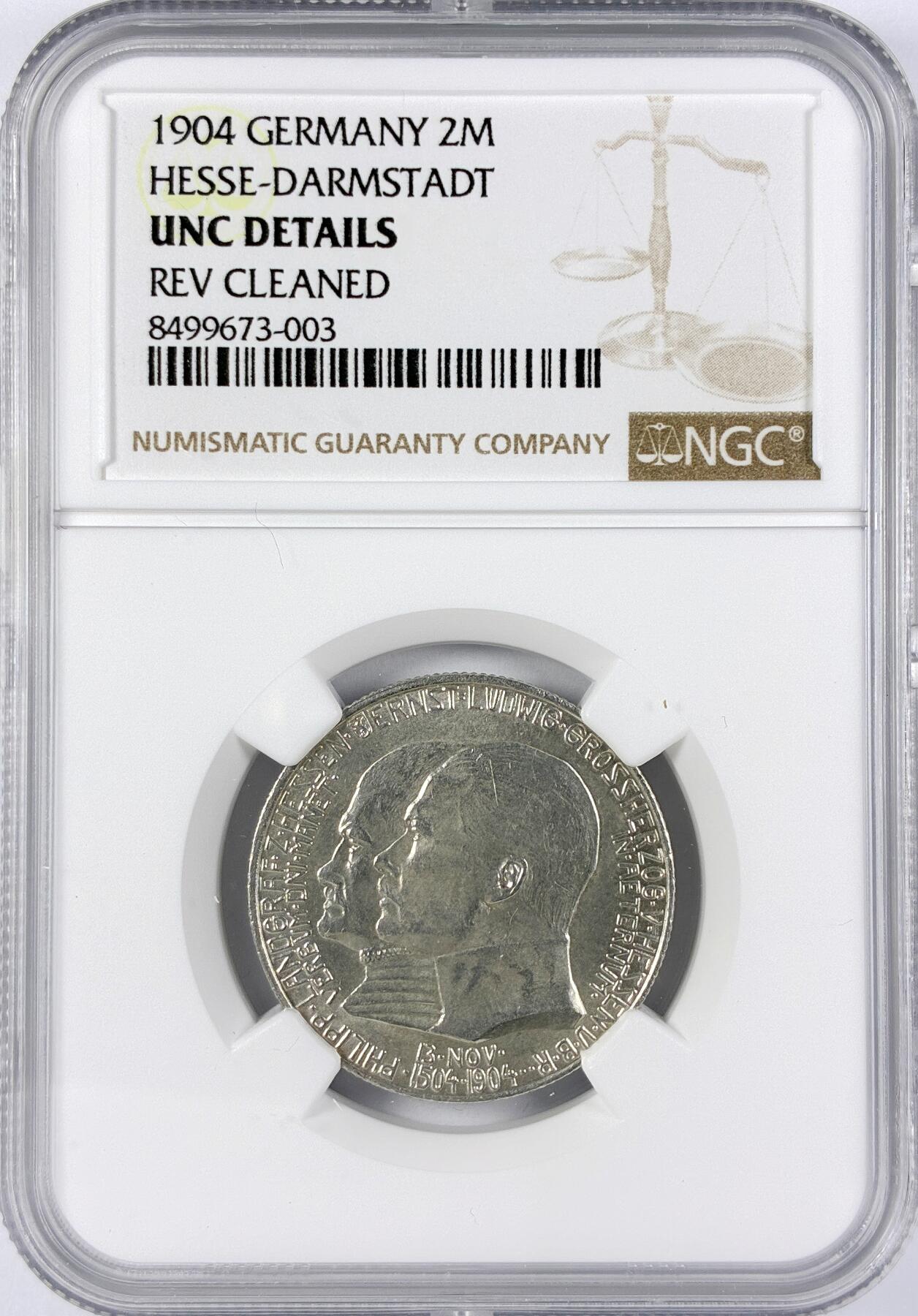 【雨安】【直播拍卖】【世界币章117期-评级币】2025-11-29 周六 19:30 保真 [评级德国] Germany 德国 帝国 黑森 2马克 (1904) 腓力一世400周年 1904年  NGC-UNC