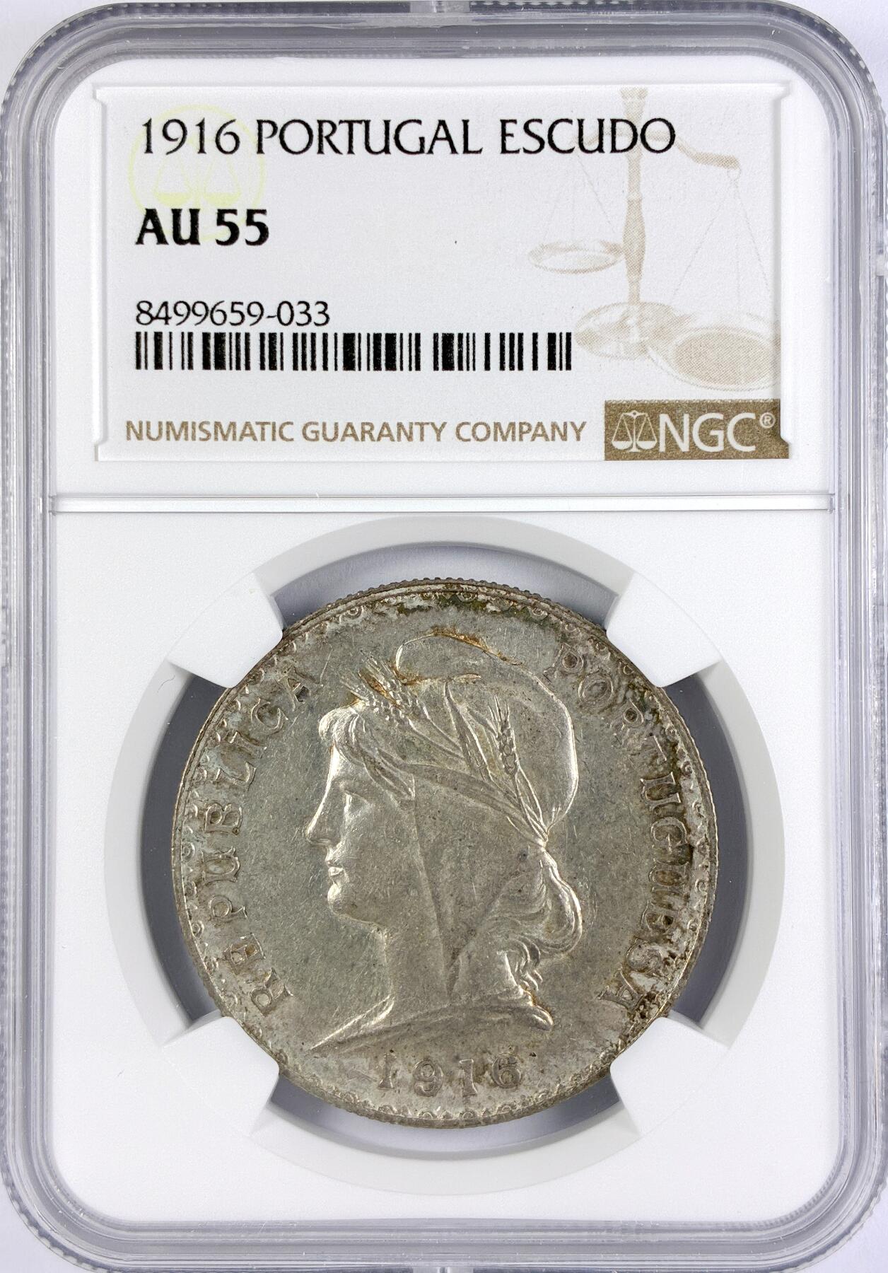 【雨安】【直播拍卖】【世界币章117期-评级币】2025-11-29 周六 19:30 保真 [评级欧洲] Portugal 葡萄牙 Republic 01埃斯库多 KM#0564 (1915-1916) 1916年  NGC-AU55