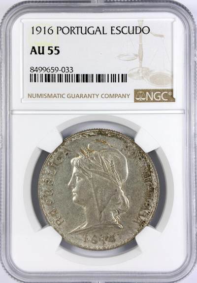 【雨安】【直播拍卖】【世界币章117期-评级币】2025-11-29 周六 19:30 保真 - [评级欧洲] Portugal 葡萄牙 Republic 01埃斯库多 KM#0564 (1915-1916) 1916年  NGC-AU55