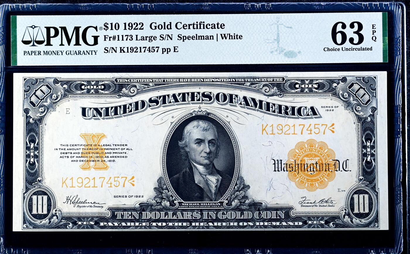 【Blue Auction】世界纸币精拍第756期——18级TOP拍卖/信誉/品质/专业/高效💫 美国 1922年10美金 黄金券 大票幅 金黄色的油墨及凹凸感极佳 美国第一任财政部长迈克尔-希雷加斯 升值品种 PMG63EPQ全新原票  