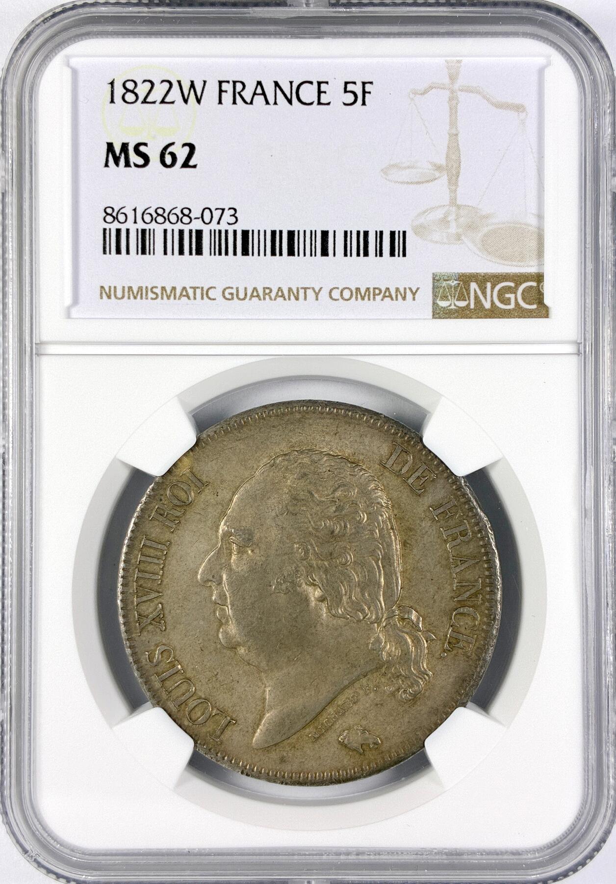 【雨安】【直播拍卖】【世界币章117期-评级币】2025-11-29 周六 19:30 保真 [评级法国] France 法国 5法郎 KM#0711 (1816-1824) 路易十八 1822年  NGC-MS62