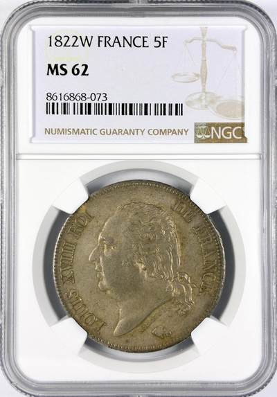 【雨安】【直播拍卖】【世界币章117期-评级币】2025-11-29 周六 19:30 保真 - [评级法国] France 法国 5法郎 KM#0711 (1816-1824) 路易十八 1822年  NGC-MS62