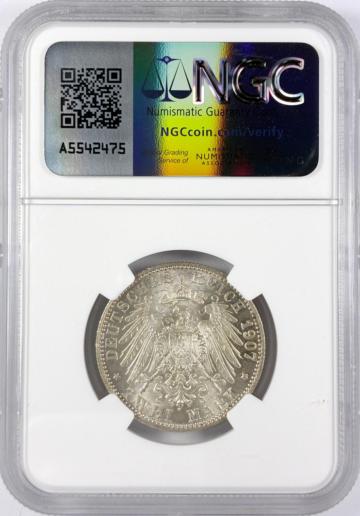 【雨安】【直播拍卖】【世界币章117期-评级币】2025-11-29 周六 19:30 保真 [评级德国] Germany 德国 帝国 巴登 2马克 弗里德里希逝世 1907年  NGC-MS65