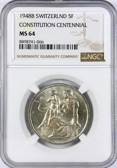 【雨安】【直播拍卖】【世界币章117期-评级币】2025-11-29 周六 19:30 保真 - [评级欧洲] Switzerland 瑞士 5法郎 1948年 瑞士宪法百年 KM#48  NGC-MS64