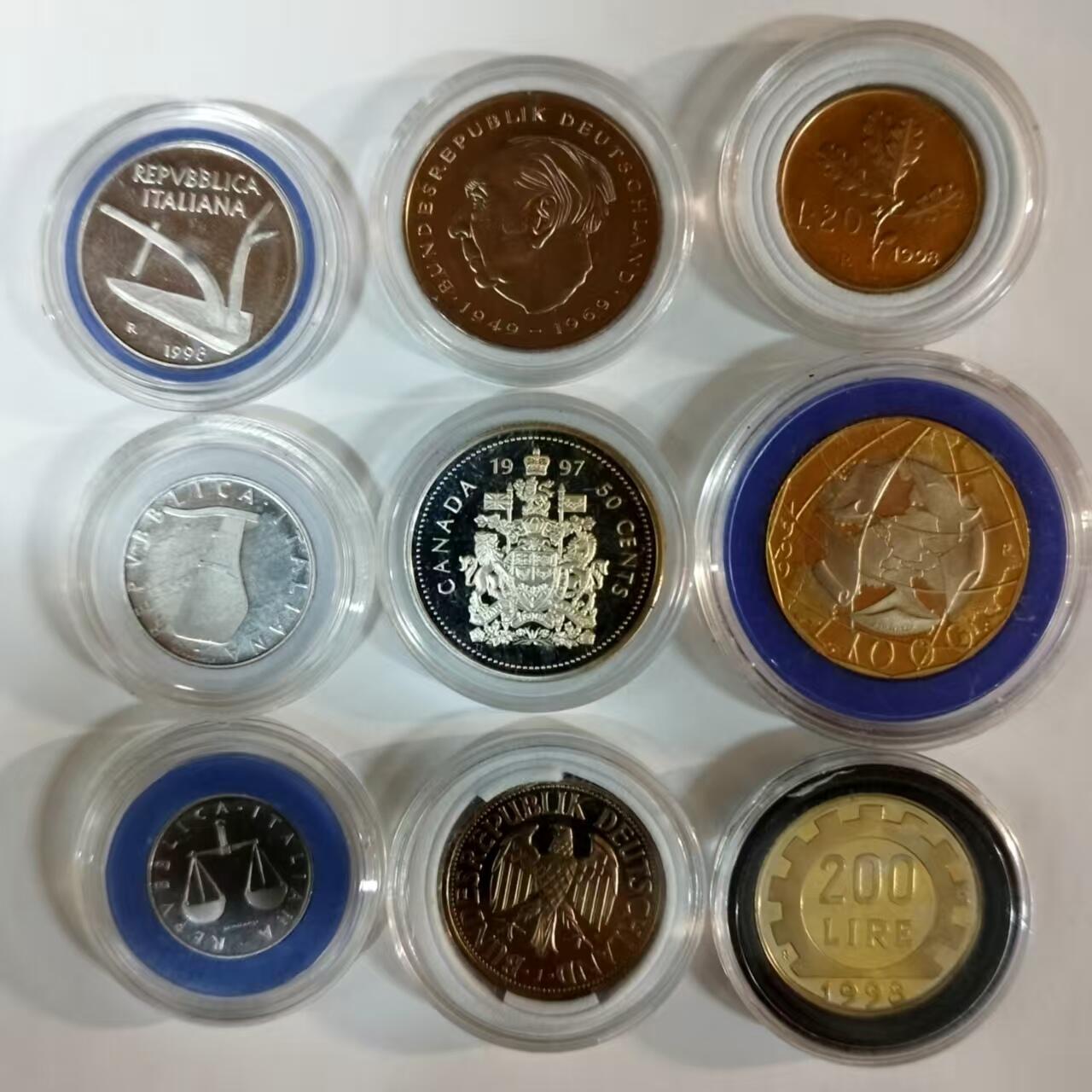 长老汇蛇年精选第七十九场拍卖 欧美九枚精制币，含加拿大精制纪念银币和意大利1000里拉双色精制币等，包含加拿大，意大利，德国三个国家