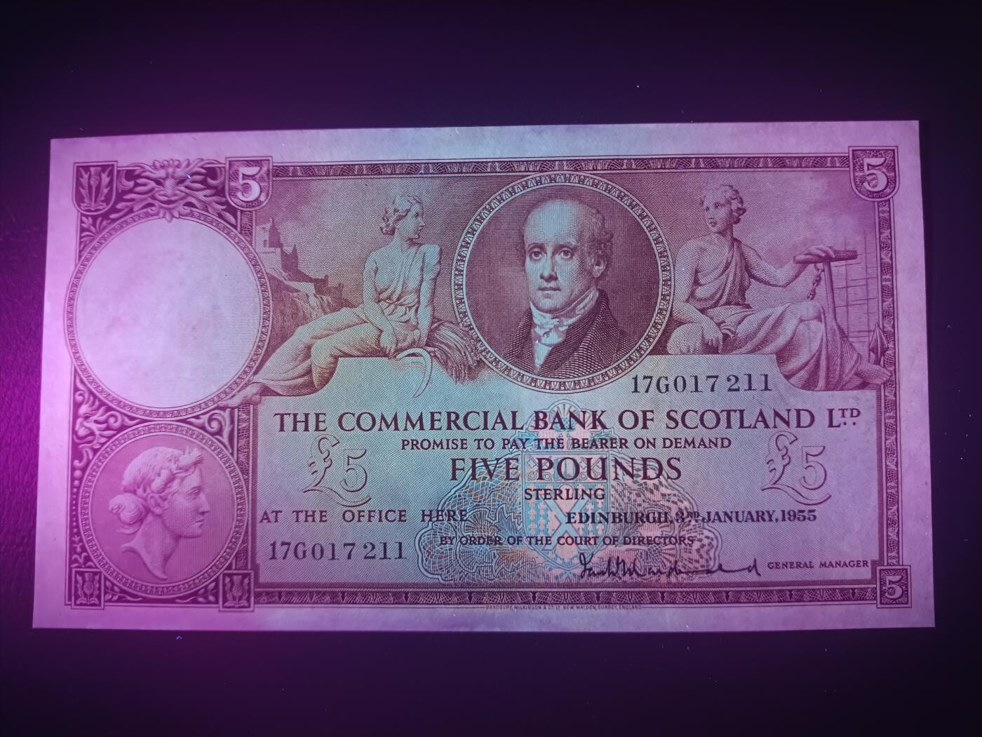 2025十一月第七期，总205期 苏格兰国家商业银行1955年5镑AUNC，银行创始人和银行19世纪的图景，稀有早期紫色版本