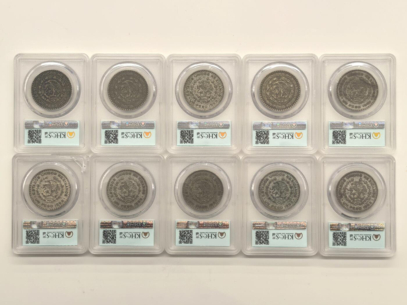 博洋堂世界钱币拍卖第149期（全场包邮） KHCS AU50 墨西哥1957-1963年1比索银币10枚一组，一枚盒子有缺损