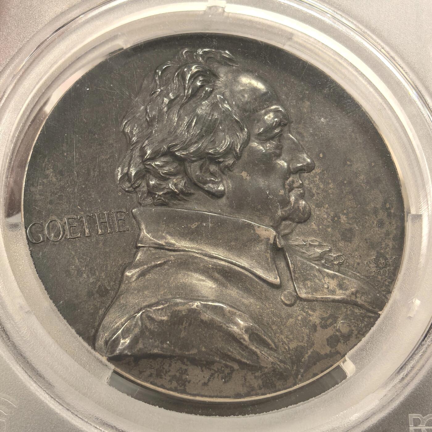 博洋堂世界钱币拍卖第149期（全场包邮） PCGS SP62 奥地利1899年歌德诞辰150周年纪念银章，奥地利章牌艺术家安东·沙夫（Anton Scharff，1845-1903）1899年为纪念德国文学巨匠歌德（Goethe，1749-1832）诞辰150周年而创作。直径：69mm，品相上佳
