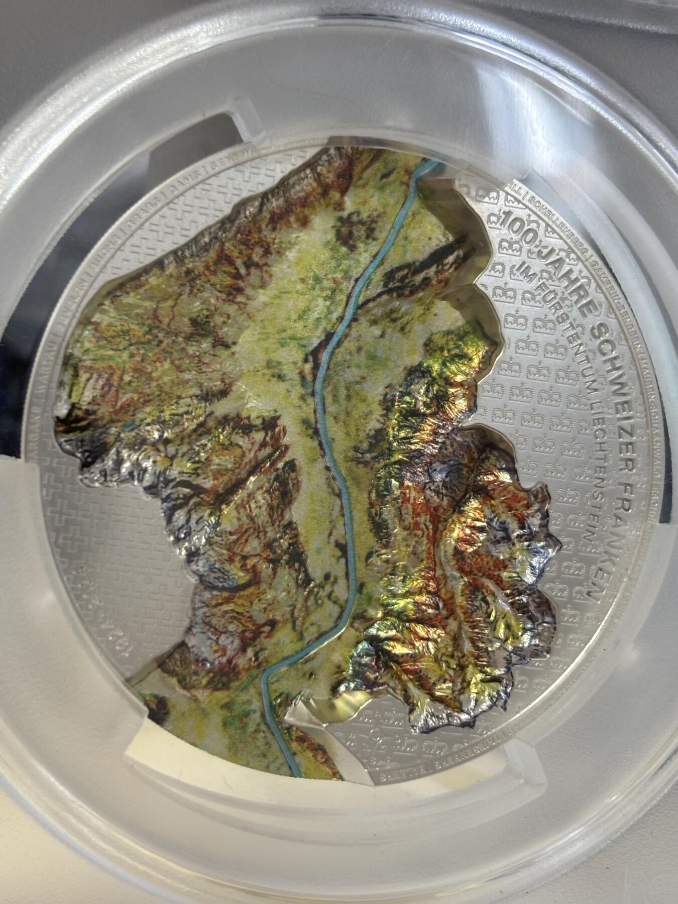 第183期拍卖 列支敦士登2024年莱茵河谷100年瑞士法郎5盎司纪念银币PCGS-SP70无盒无证书，9999银，发行500枚