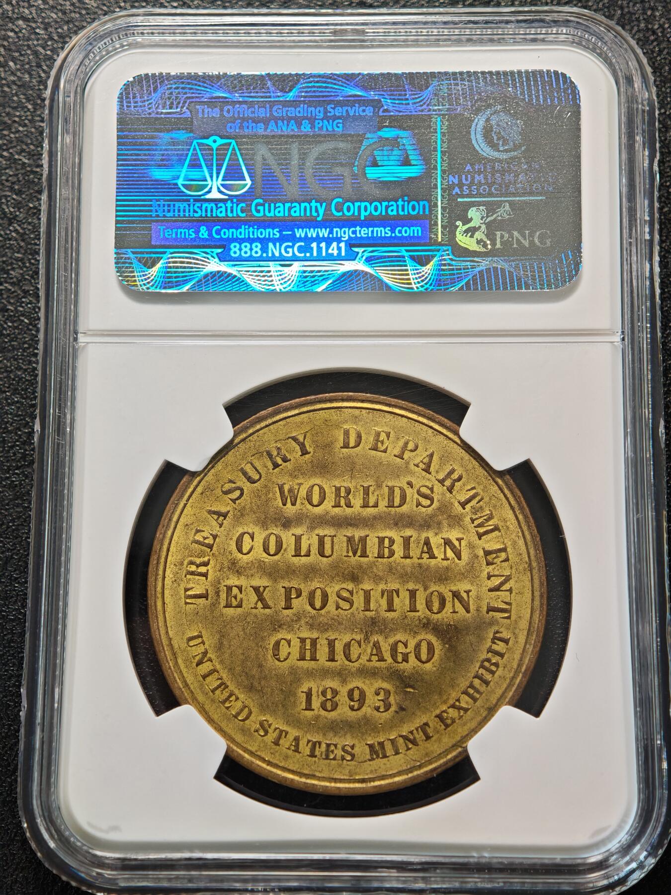 【德藏】世界币章拍卖第155期（拍品征集中~欢迎藏友联系） 1893年 美国哥伦比亚世博会纪念铜章 NGC MS63 正面是哥伦比亚世博会主馆的建筑物，背面记录世博会文字。品相完好，少见品种