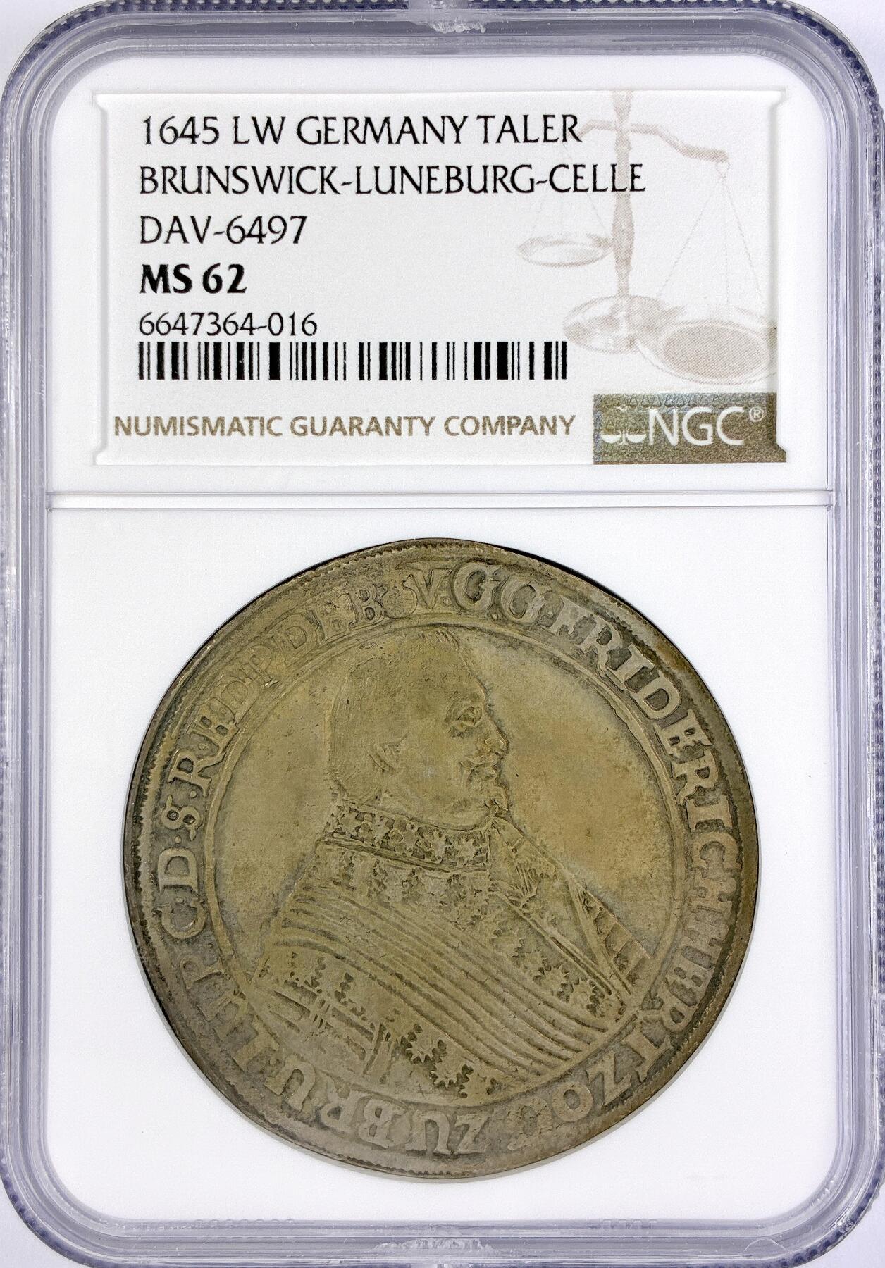 【雨安】【直播拍卖】【世界币章117期-评级币】2025-11-29 周六 19:30 保真 [评级德国] Germany 德国 德意志 1泰勒 Braunschweig-Luneburg-Celle不伦瑞克 DAV-6497 1645年  NGC-MS62 罕见品种 出分仅2枚 唯一MS评级 唯一冠军分