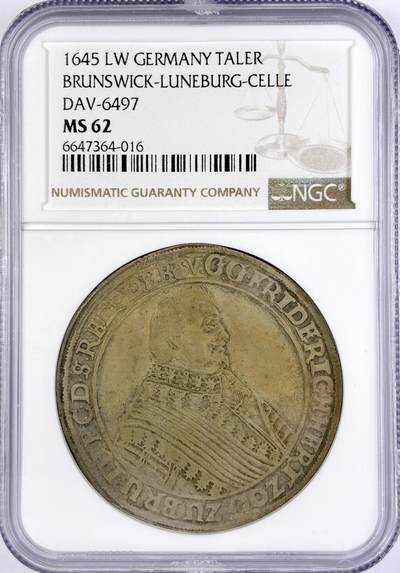 【雨安】【直播拍卖】【世界币章117期-评级币】2025-11-29 周六 19:30 保真 - [评级德国] Germany 德国 德意志 1泰勒 Braunschweig-Luneburg-Celle不伦瑞克 DAV-6497 1645年  NGC-MS62 罕见品种 出分仅2枚 唯一MS评级 唯一冠军分