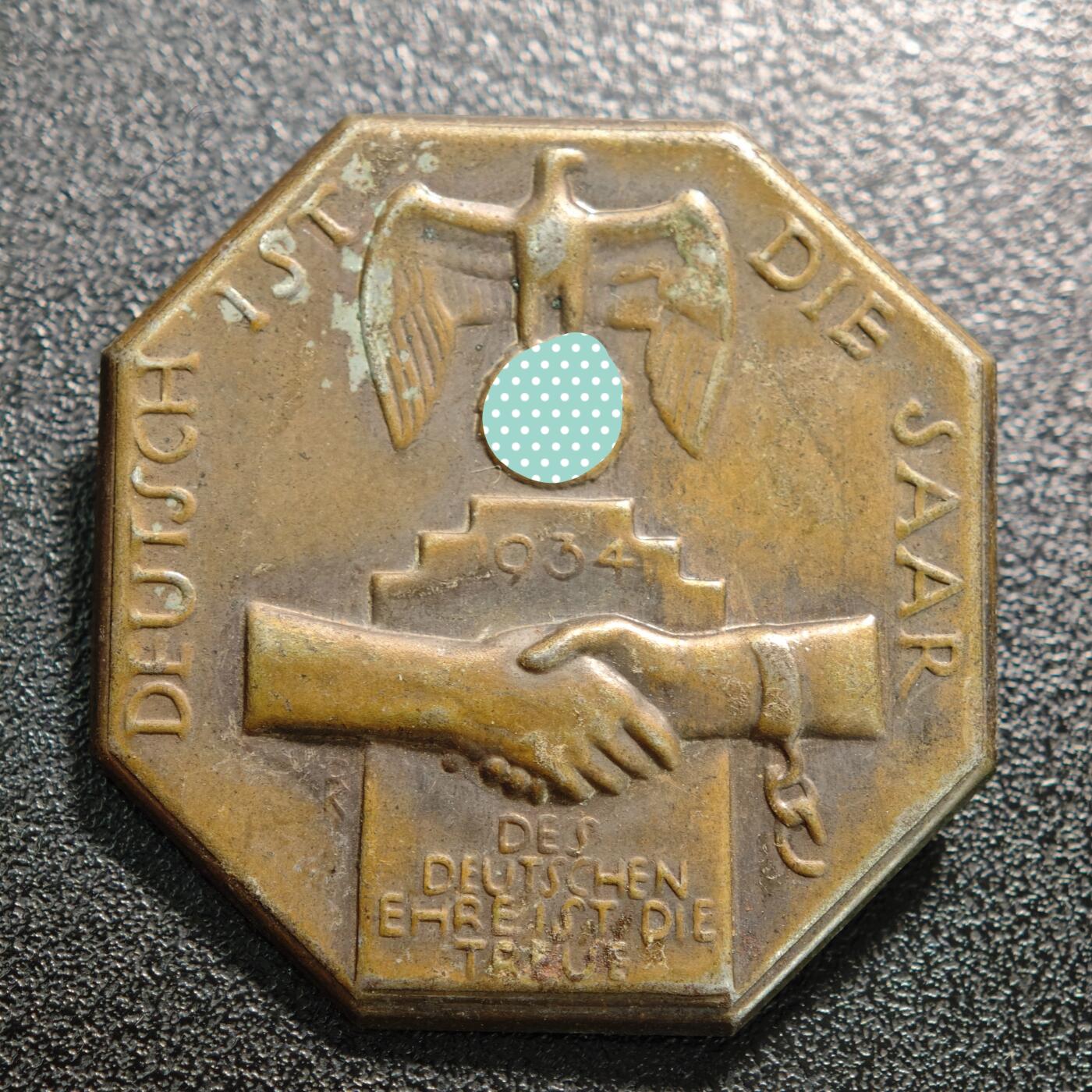 【德藏】世界币章拍卖第155期（拍品征集中~欢迎藏友联系） 1934年 德国民族社会主义工人党收复萨尔地区胸章纪念铜章 直径约：38mm；重约：3.6g 少见品种（原图请联系客服）