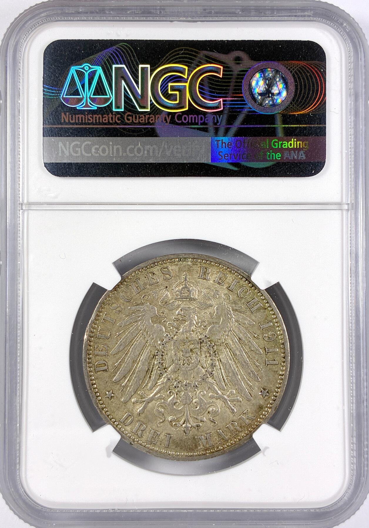 【雨安】【直播拍卖】【世界币章117期-评级币】2025-11-29 周六 19:30 保真 [评级德国] Germany 德国 帝国 汉堡 3马克 1911年  NGC-AU58