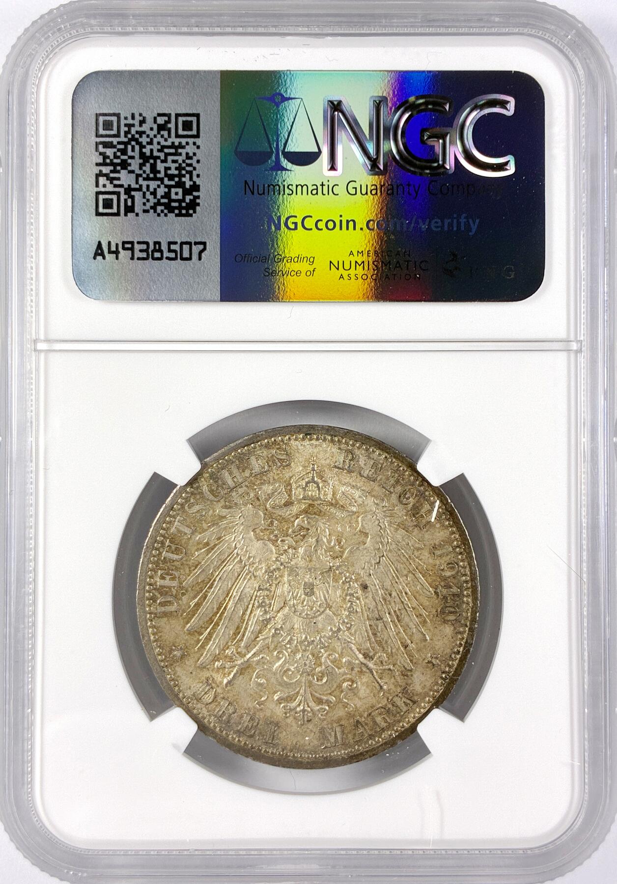 【雨安】【直播拍卖】【世界币章117期-评级币】2025-11-29 周六 19:30 保真 [评级德国] Germany 德国 帝国 黑森 3马克 恩斯特·路德维希 1910年  NGC-MS64