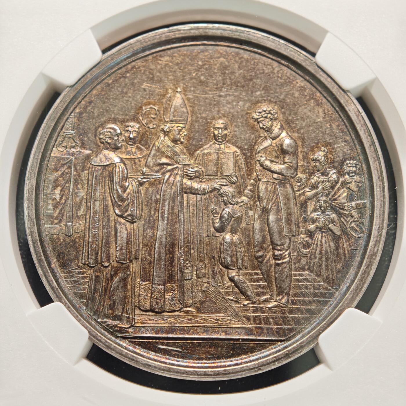 【德藏】世界币章拍卖第155期（拍品征集中~欢迎藏友联系） 19世纪 德国宗教洗礼纪念银章 NGC MS61 深彩包浆 细节细腻