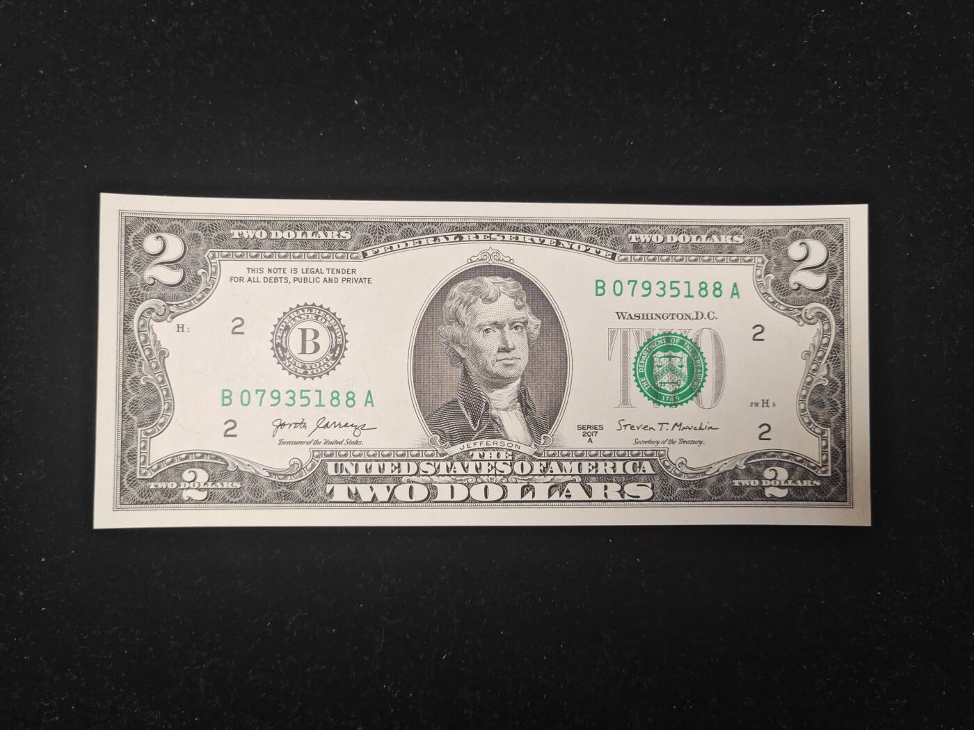 美国纸币 尾88靓号 2美元 2017年 无4 全新UNC 
