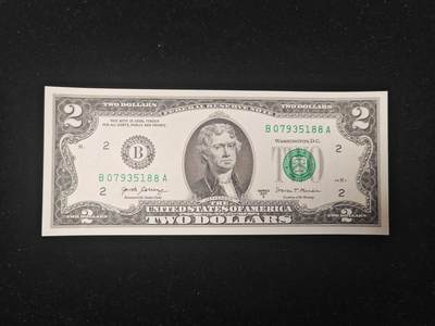 美国纸币 尾88靓号 2美元 2017年 无4 全新UNC  - 美国纸币 尾88靓号 2美元 2017年 无4 全新UNC 