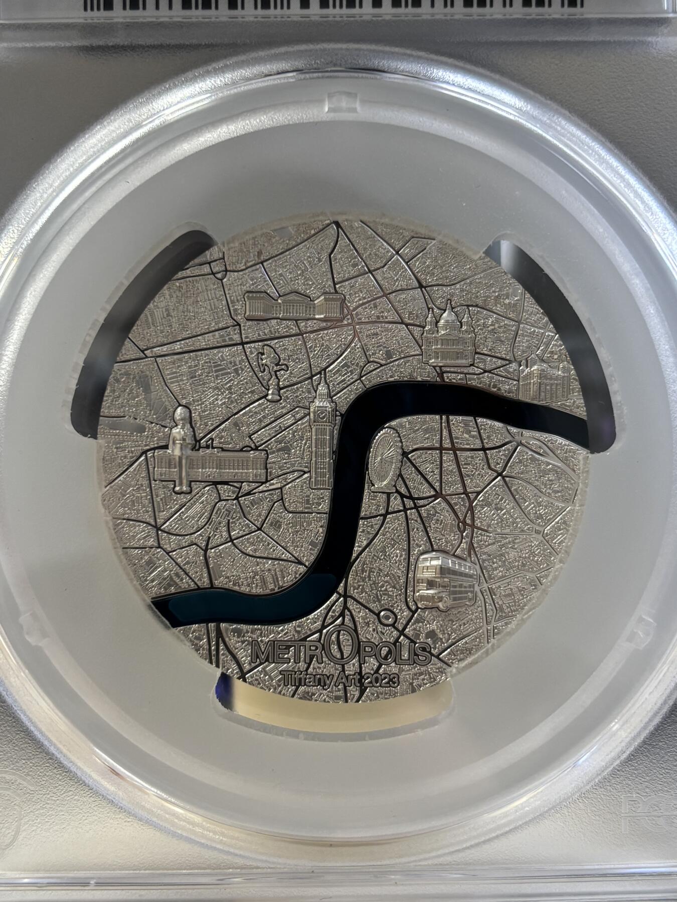 第183期拍卖 帕劳2023年城市蒂凡尼伦敦镶嵌玻璃3盎司银币PCGS-PR70首无盒无证书，999银，发行999枚