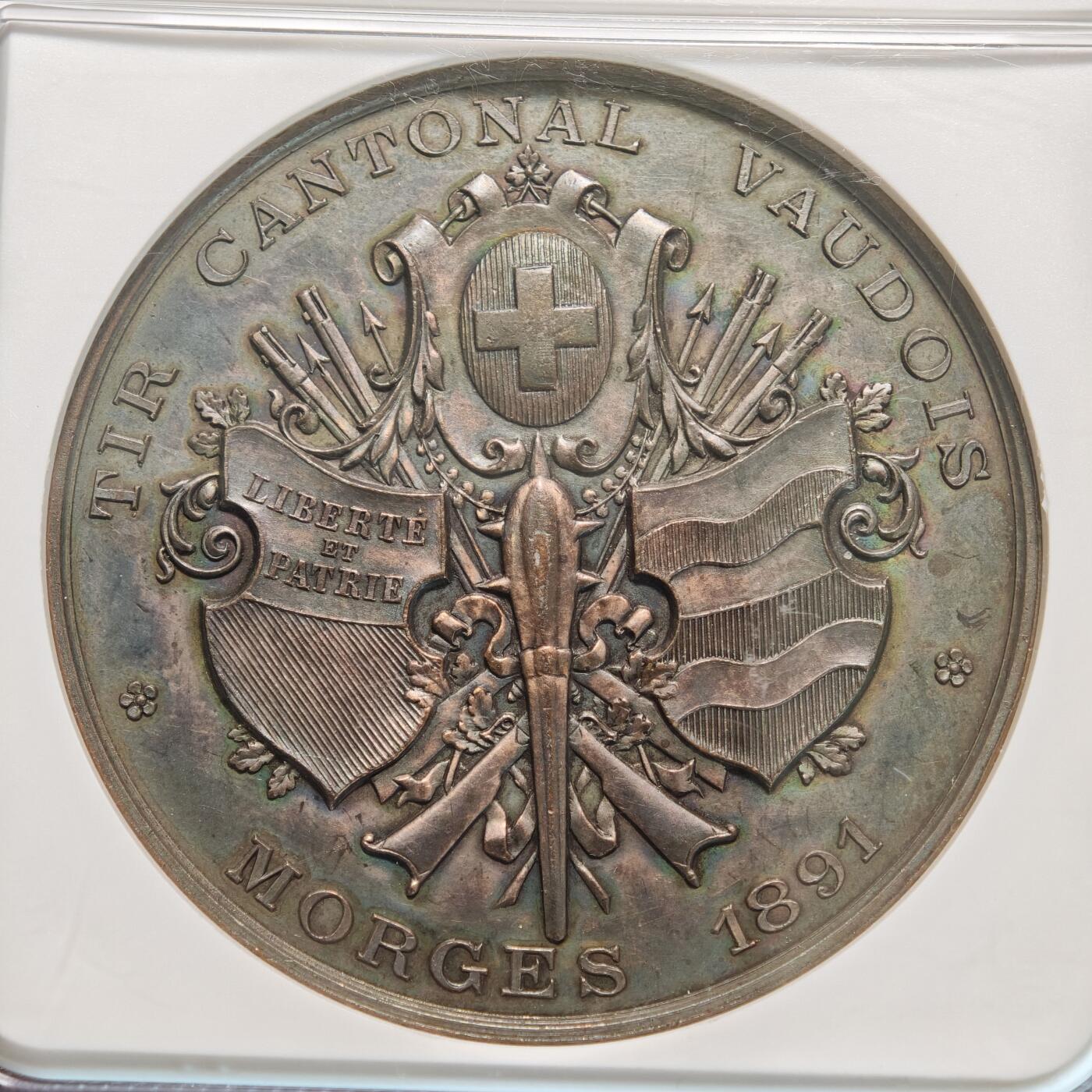 【德藏】世界币章拍卖第155期（拍品征集中~欢迎藏友联系） 1891年 瑞士沃州射击节高浮雕纪念铜章 NGC UNC 浮雕感极强