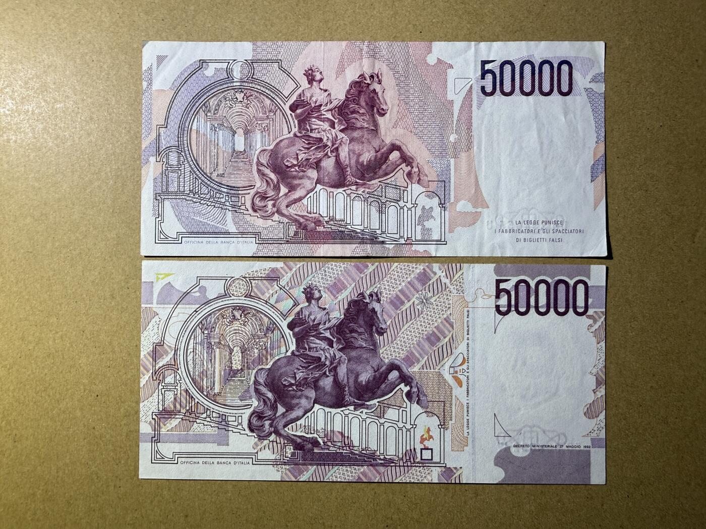 《艾美收藏》第222期-11.30周日外币畅拍 意大利50000里拉2张 XF 1984初版、1992年再版各1张 无47