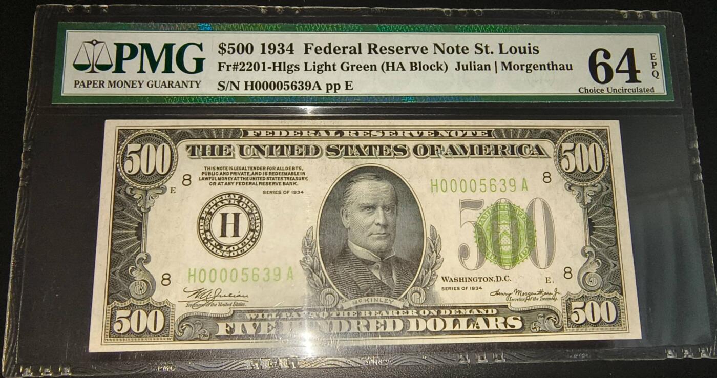 《艾美收藏》第222期-11.30周日外币畅拍 [大珍]美国1934年最受藏家青睐浅绿版H区500美元高值PMG64E季军分少见千位5639号，第25任美国总统威廉·麦金莱，他是川普口中美国