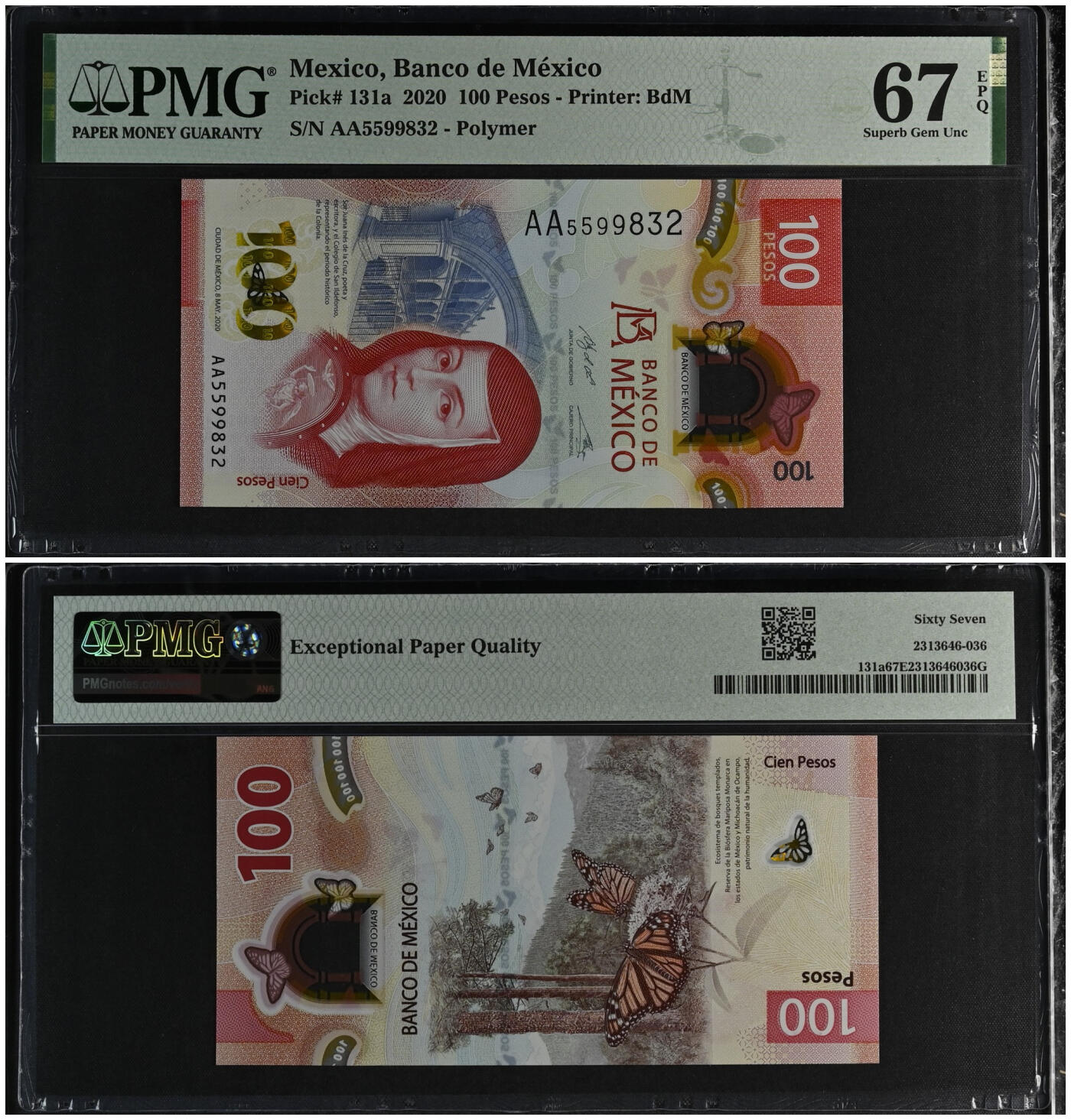 《艾美收藏》第222期-11.30周日外币畅拍 (5张全部签名大全套)墨西哥2020年首发AA冠100比索PMG67E 获奖钞 凑齐不易 一步到位