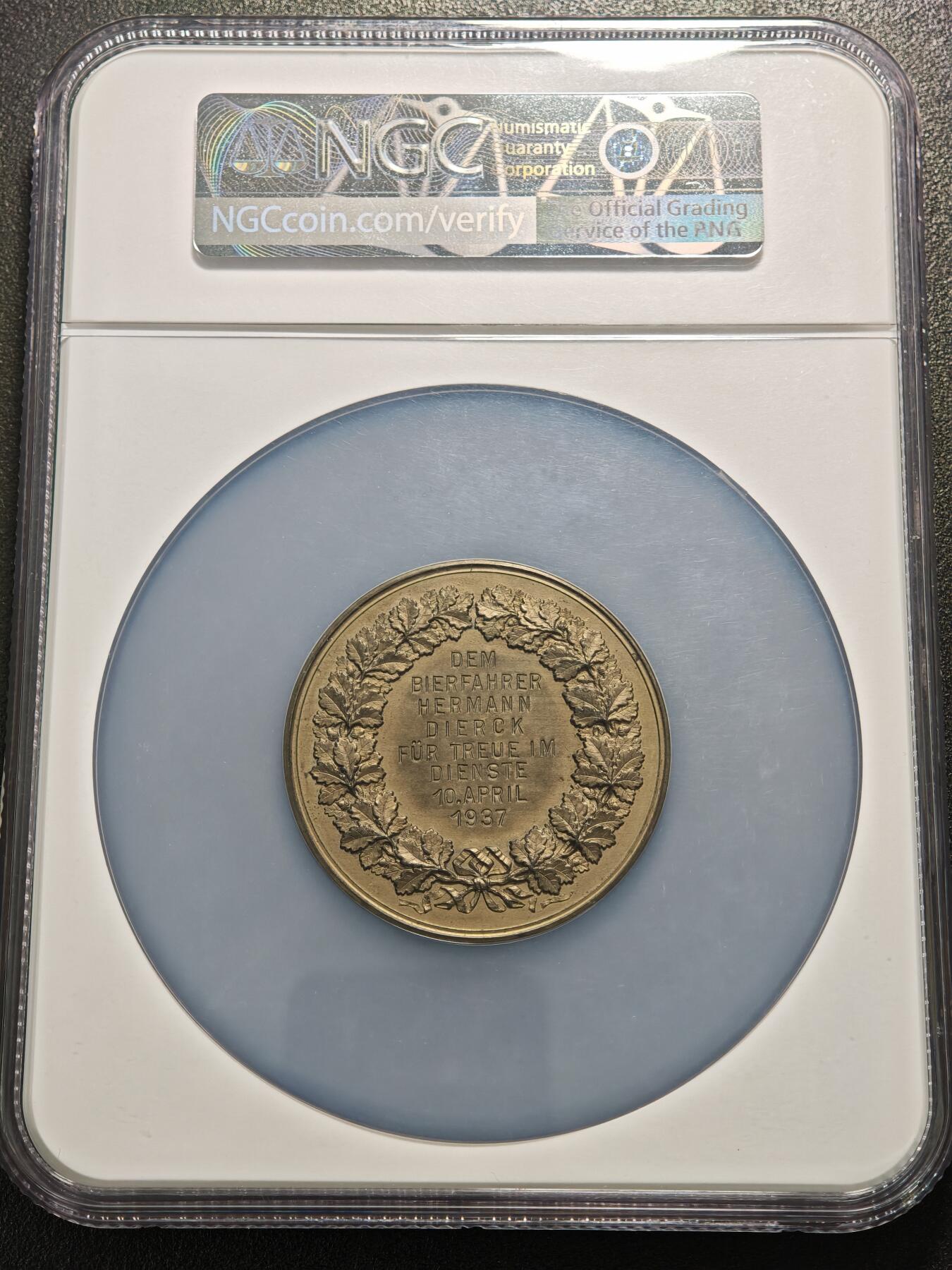 【德藏】世界币章拍卖第155期（拍品征集中~欢迎藏友联系） 1937年 德国吕贝克城市奖章51mm纪念镀铜大锌章 NGC MS63 少见锌制版 浮雕感极强 细节极其丰富