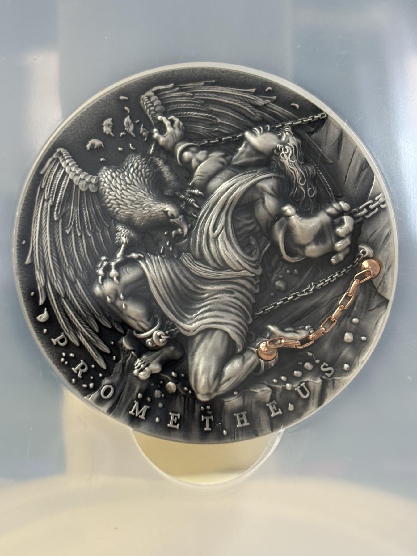 第183期拍卖 纽埃2019希腊神话系列普罗米修斯2盎司镀金银币NGC-MS70首无盒无证书，999银，发行500枚