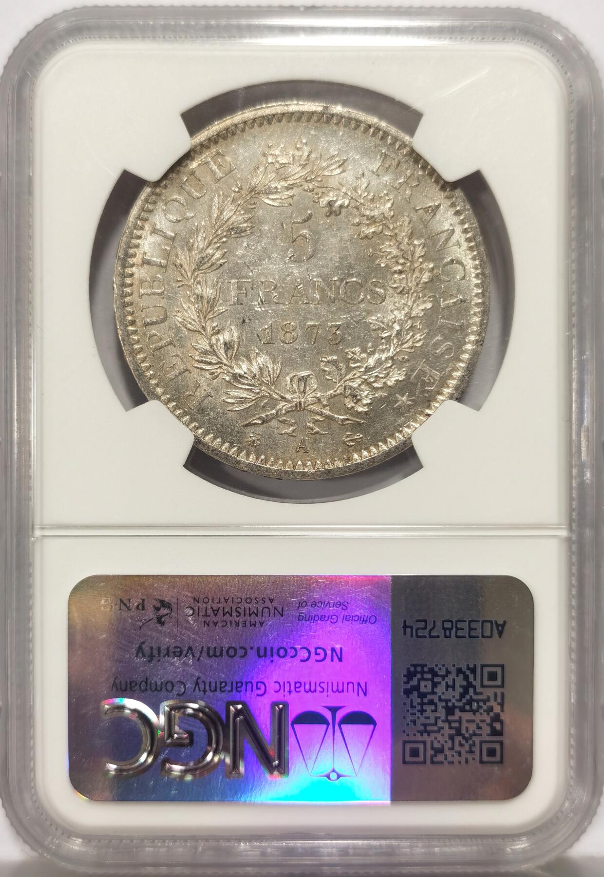 博洋堂世界钱币拍卖第149期（全场包邮） NGC MS61 法国1873A大力神银币，底板带镜面感，状态不错的一枚